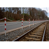 Barrier posts | Steel tube  60 x 2,5 mm | foldable | for padlock | for casting in concretewith ground socket part-no. 470.60approx. 400 mm below ground | hot-dip galvanized and white coatedwith three red reflecting stripes | without eyelet